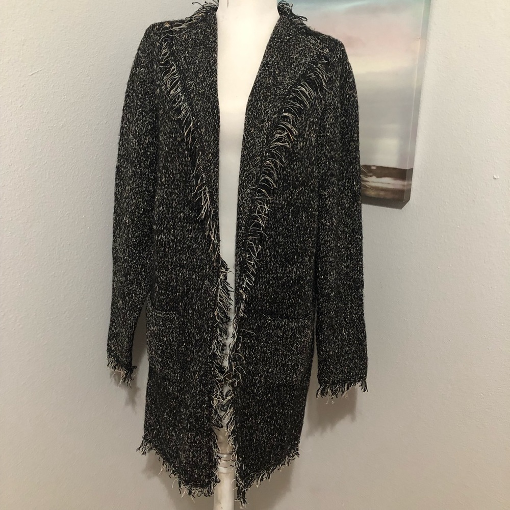 Max Studio Open Front Fringed Open Front Cardigan Sweater Black Size S